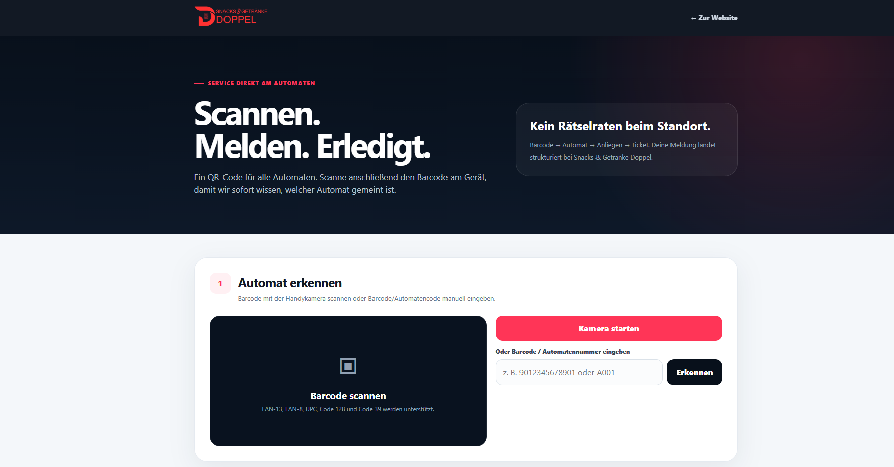 Echter Service Hub von Snacks & Getränke Doppel: Barcode scannen und Anliegen direkt melden